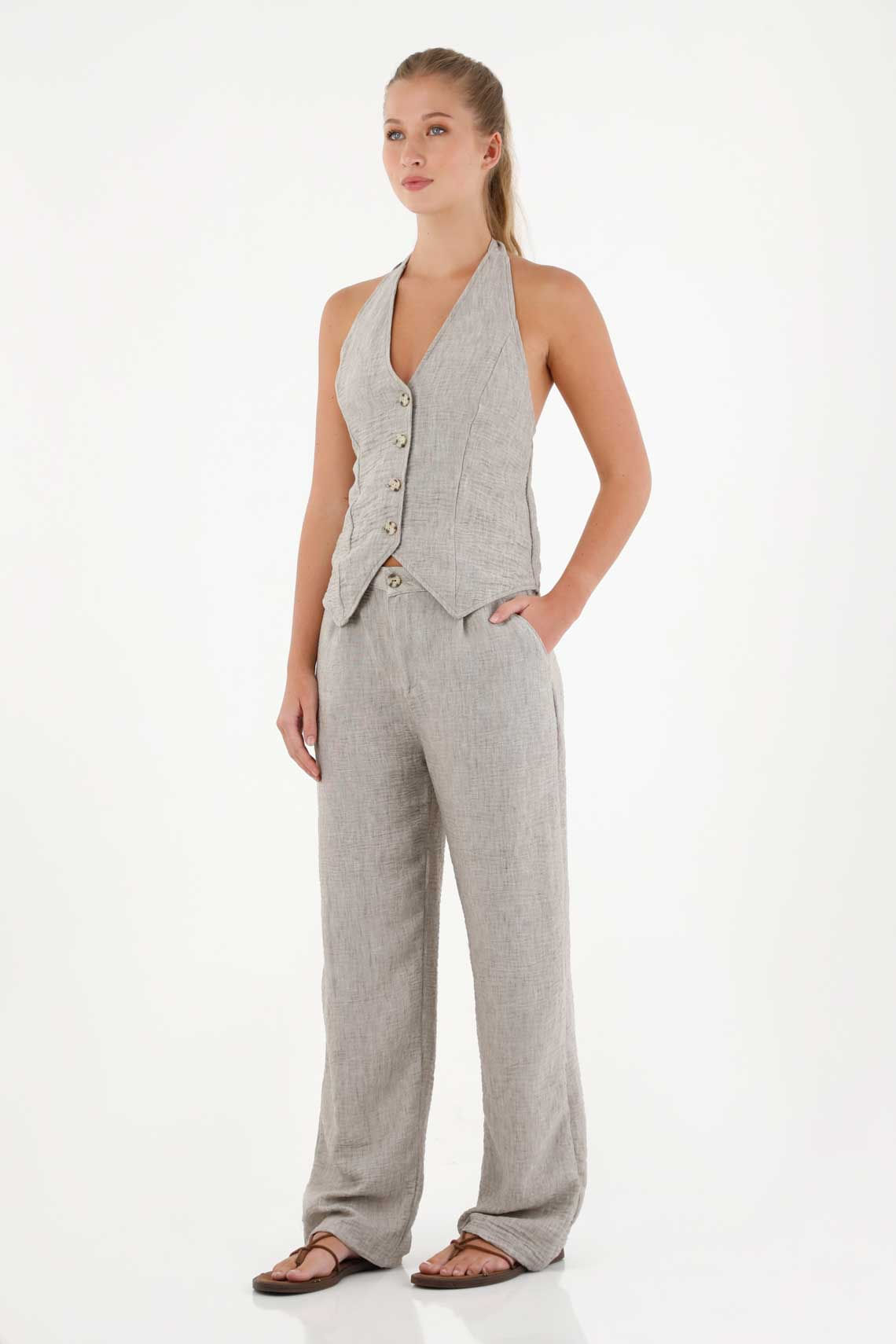 Pantalón para mujer poliéster crudo fit amplio cintura fruncida